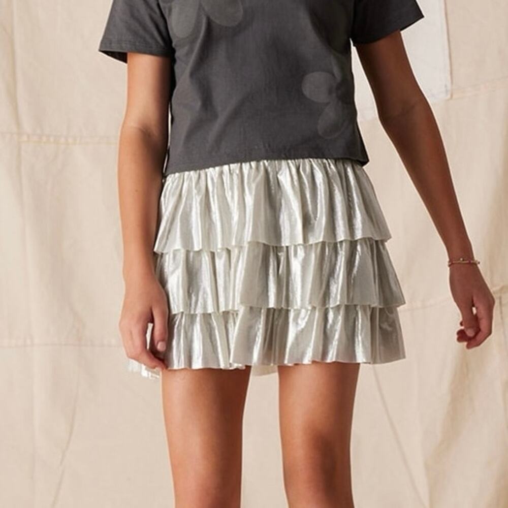 NWT Franki by Francesca's Tiered Ruffle Mini Skirt Silver Metallic Party Size 14